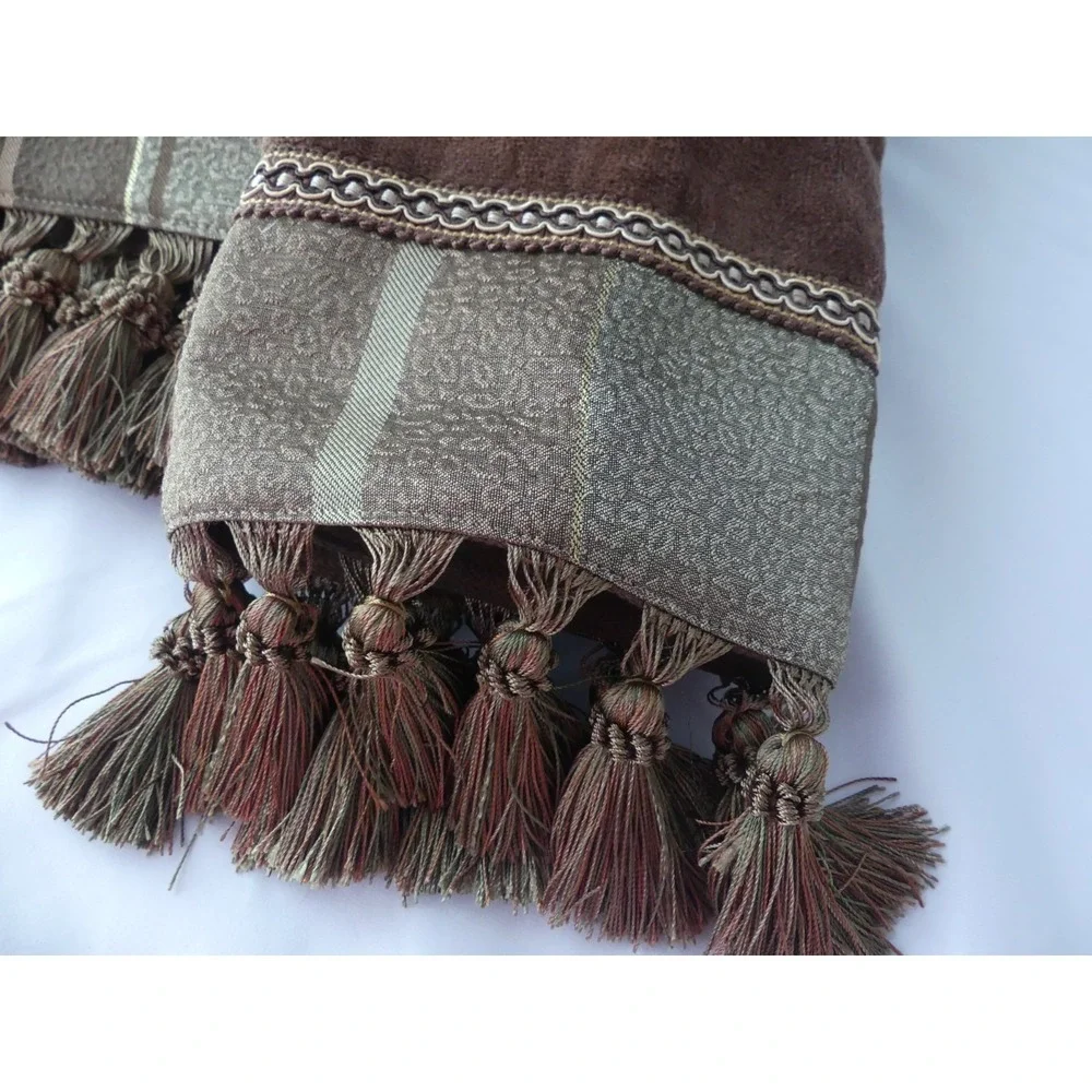 Sherry Kline Brown Tasseled Decorative Bath Towels Hand Lot of 3 NEW Gold Stripe